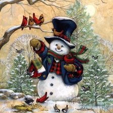 Схема вышивки «снегвик и птицы»