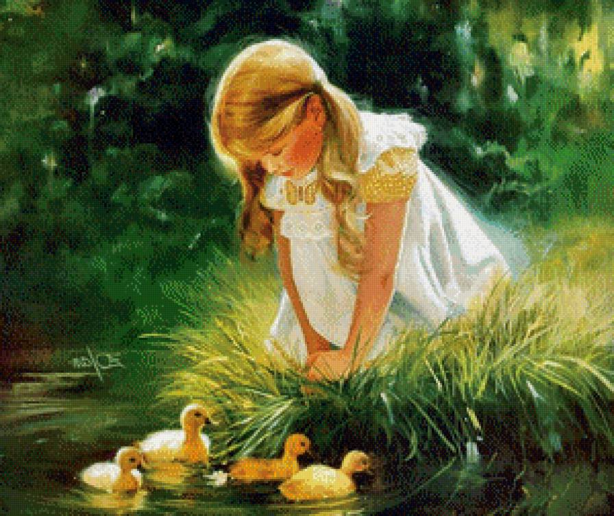 девочка с утятами - дети, девочка, пруд, животные, домашние любимцы, озеро, утята - предпросмотр