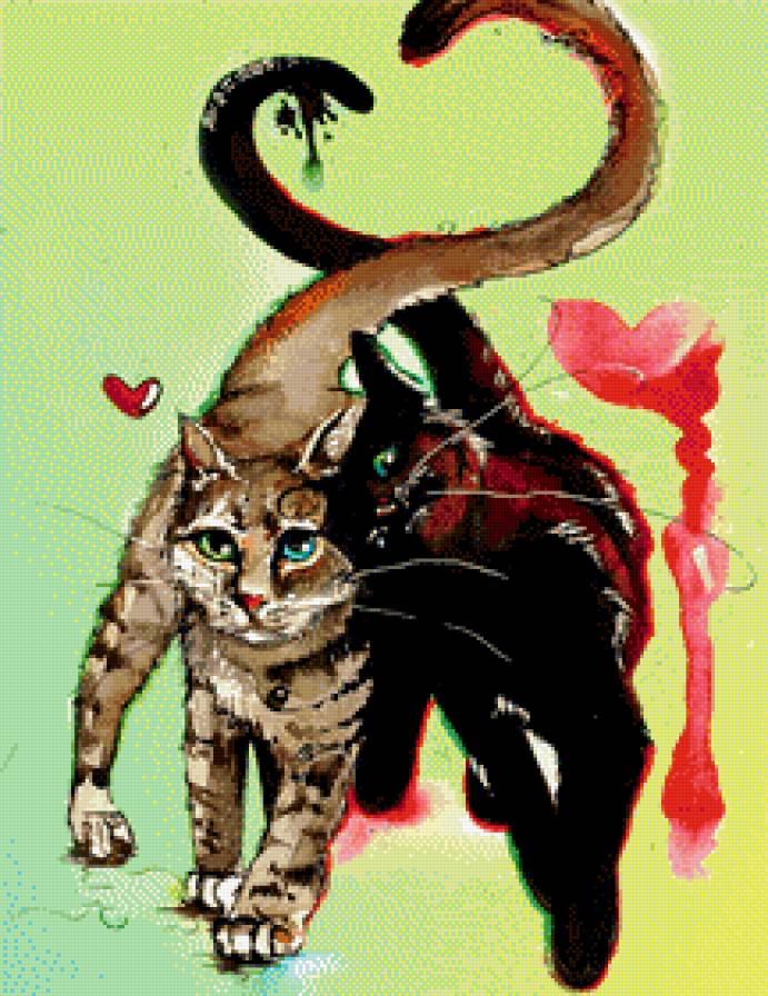 сладкая парочка - живопись, пара, кошка, сердце, кот, любовь - предпросмотр