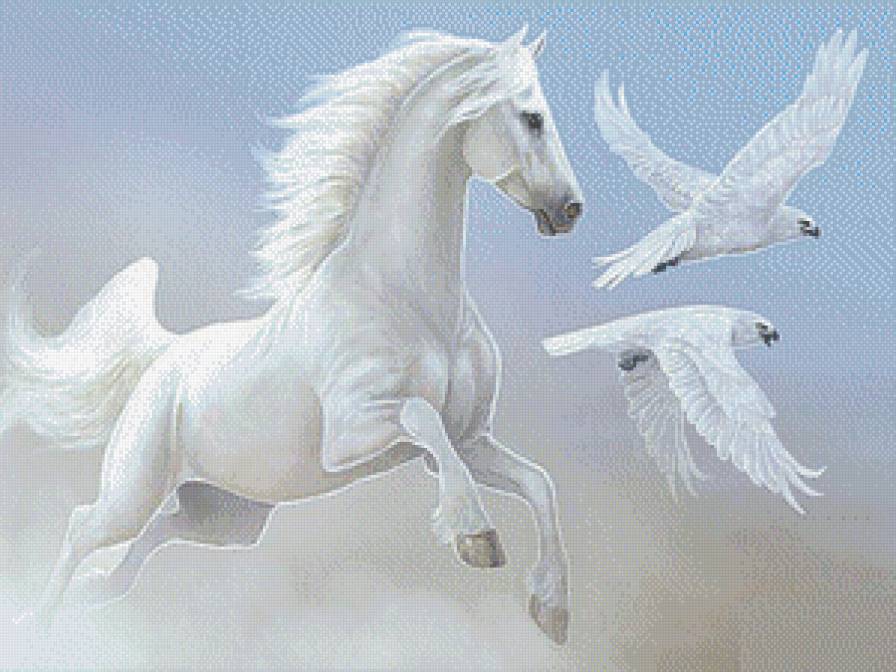 Лошадь и птицы - лошади, животные - предпросмотр