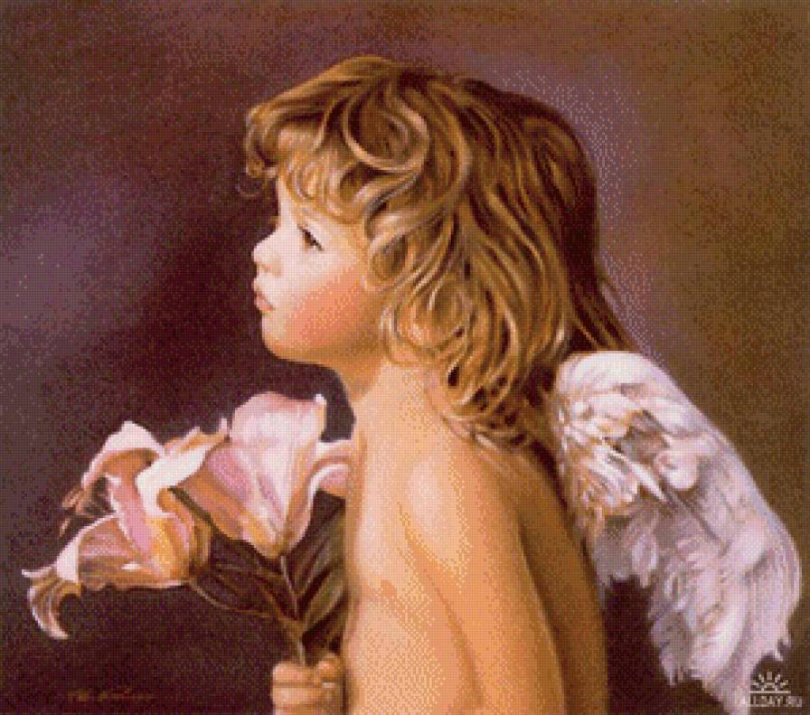 ангел с лилией - ангел, мальчик, девочка, дети, цветы, религия, лилия - предпросмотр