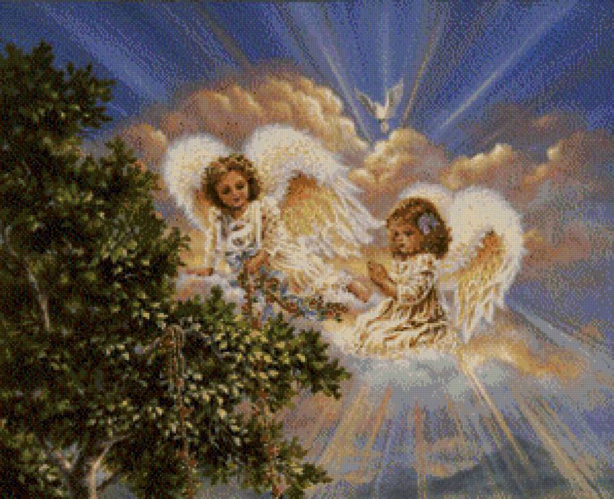 ангелы на облаке - небо, девочка, облака, мальчик, ангелы, дети, дерево - предпросмотр