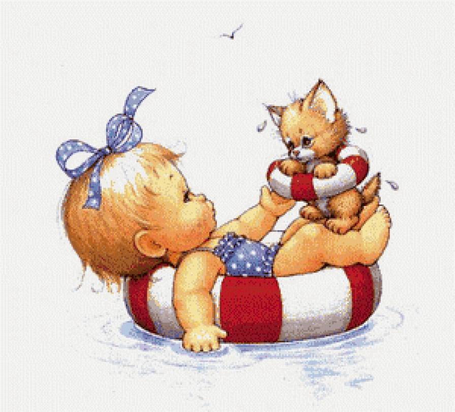 На воде - вода, девочка, котенок - предпросмотр