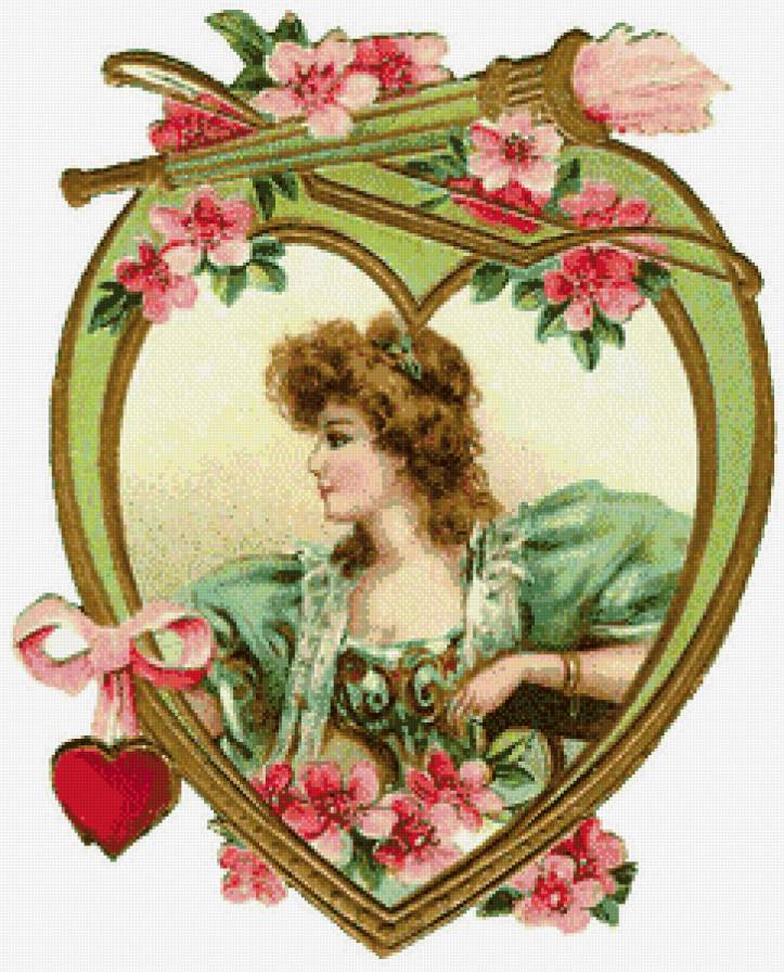 Ретро открытка - цветы, девушка, сердце - предпросмотр