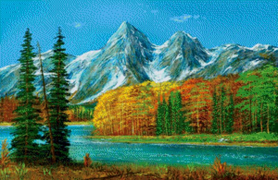 Солнечный пейзаж - осень, горы, пейзаж, село, озеро - предпросмотр