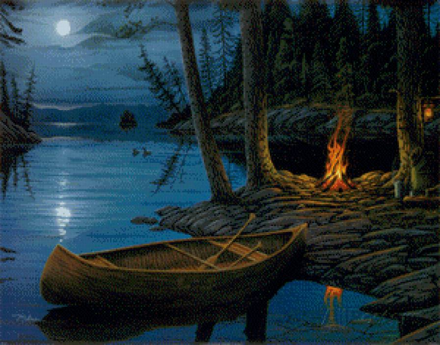 костёр на берегу - природа, берег, нейзаж, река, ночь, лодка, костер - предпросмотр