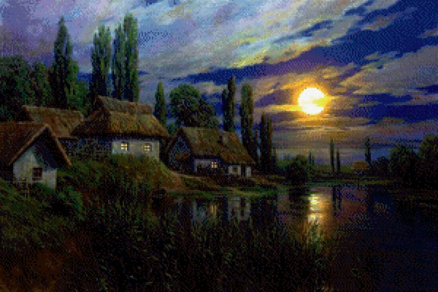 Украинская ночь - пейзаж, село, озеро - предпросмотр