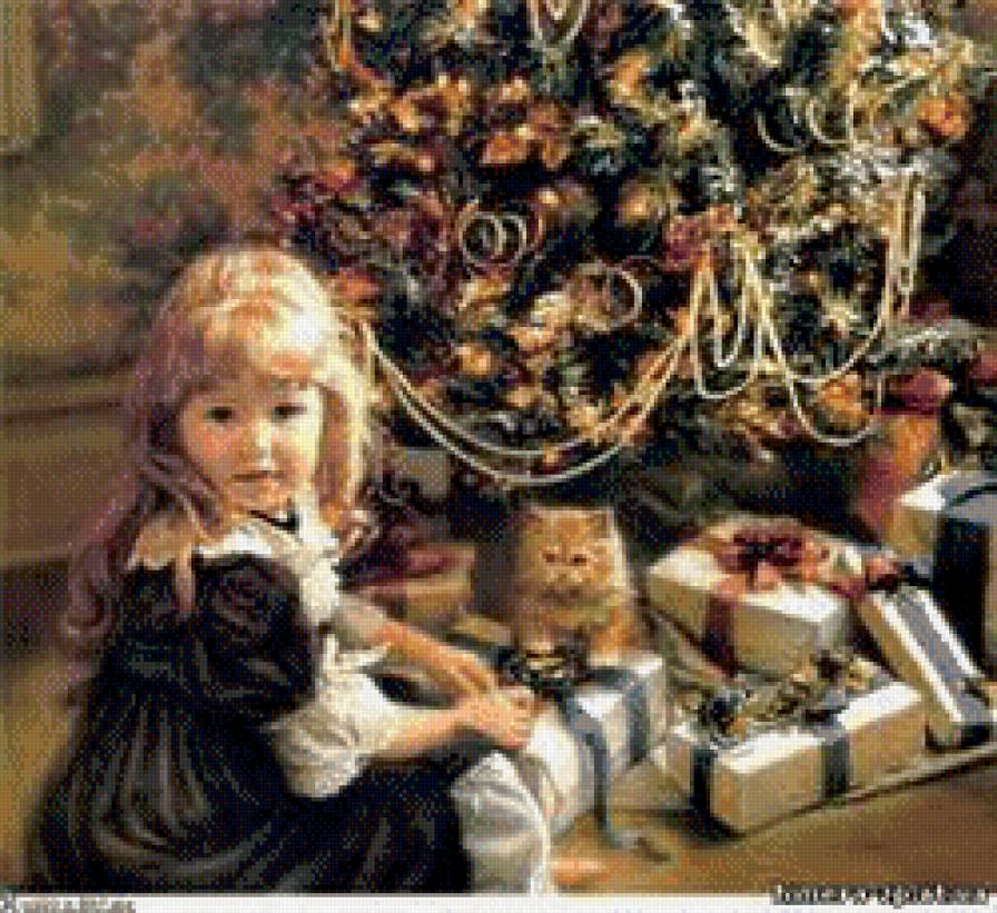 девочка около елки - люди, подарки, детское, елка, рождество, живопись, котенок, дети - предпросмотр