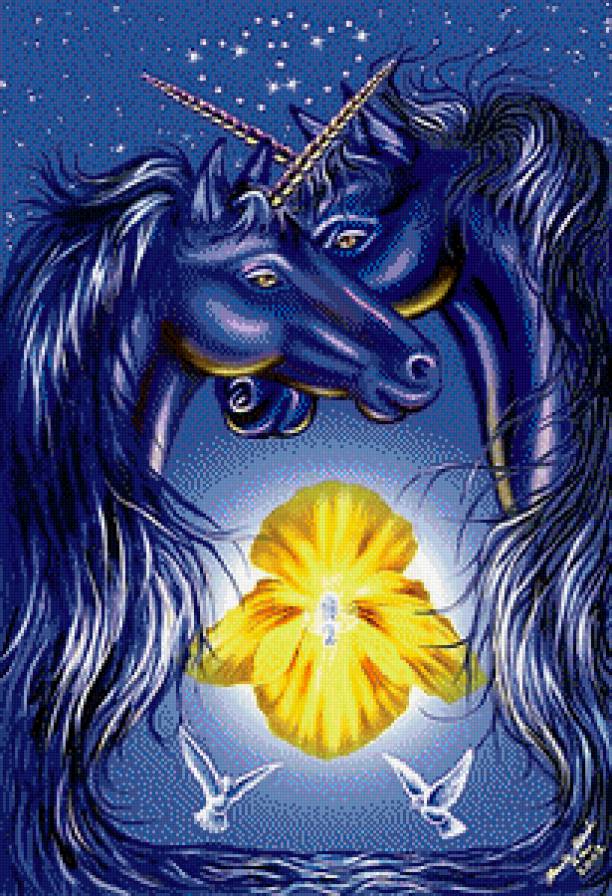 Звёздная пара - голуби, звезды, пара, любовь, цветок, единороги - предпросмотр