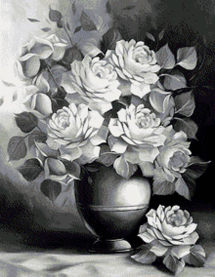 Нежные цветы - ваза, цветы, букет, розы, живопись, монохром - предпросмотр