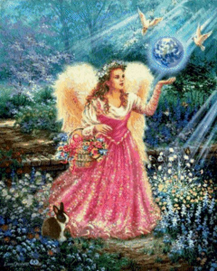 ангел с корзиной цветов - корзинка, цветы, дона гелсингер, ангел, кролик, луг - предпросмотр