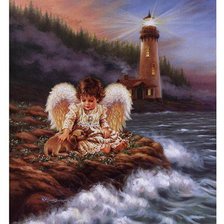 Схема вышивки «ангел со щенком на берегу моря»