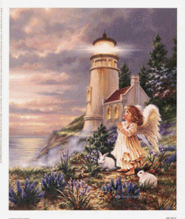 ангел у маяка - девочка, ангел, море, дона гелсингер, животные, берег, дети, маяк - предпросмотр