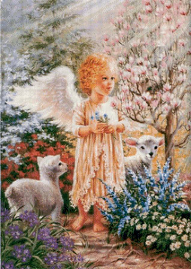 ангелок и ягнята - дети, ягненок, дона гелсингер, религия, ангел, девочка, цветы, куст, луч - предпросмотр