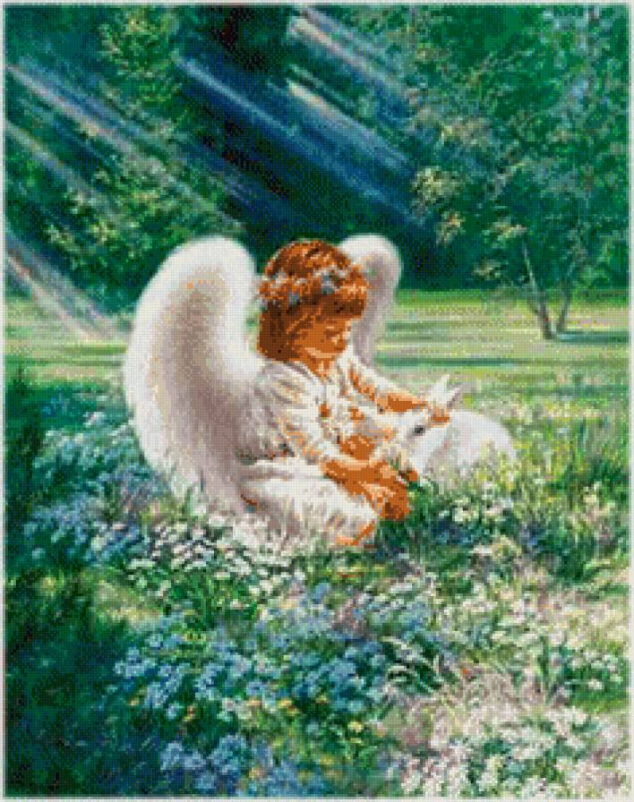 ангелок на лугу - ангел, кролик, дона гелсингер, сад, цветы, дети, религия, девочка - предпросмотр