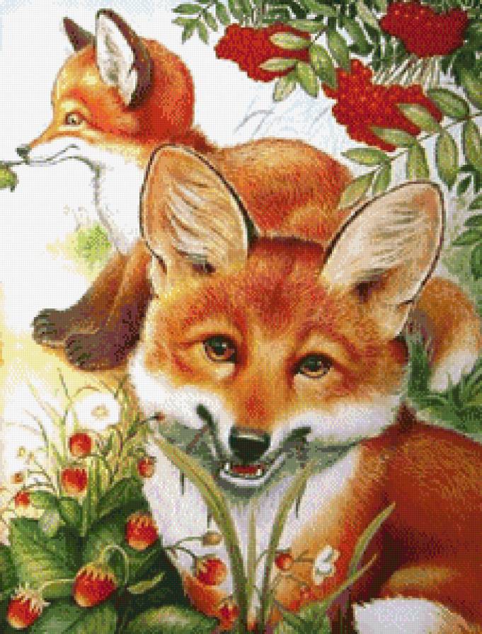 Лисята и ягоды - лиса, лисята, рябина, лес, малыши, земляника, лисичка, ягоды - предпросмотр