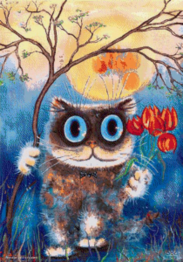 Кот с цветами - кот, рисунок, дерево, цветы - предпросмотр