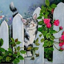 Схема вышивки «Котёнок на заборе»