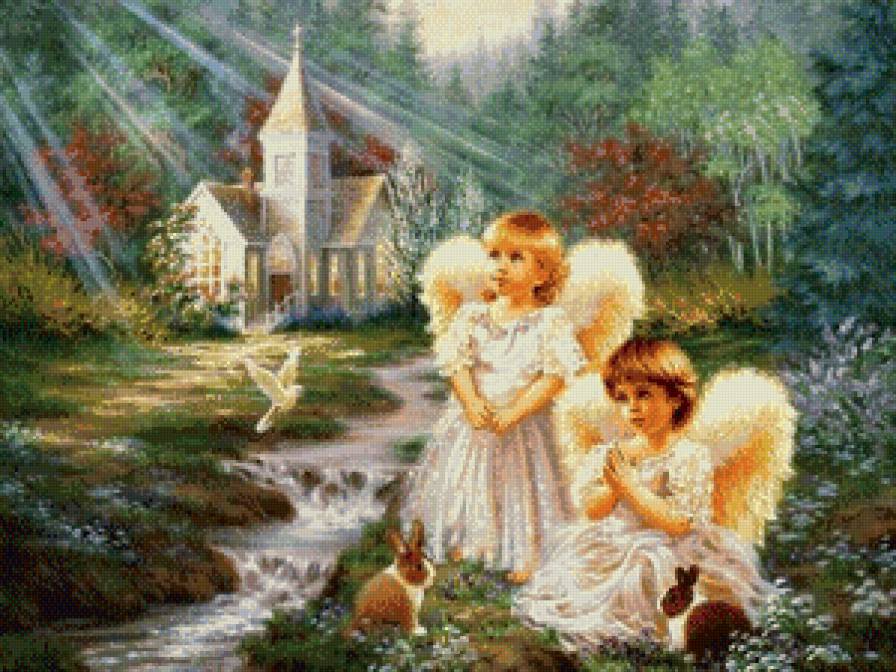 ангелочки и кролики - девочка, луг, дона гелсингер, река, дети, кролик, ангел, церковь - предпросмотр