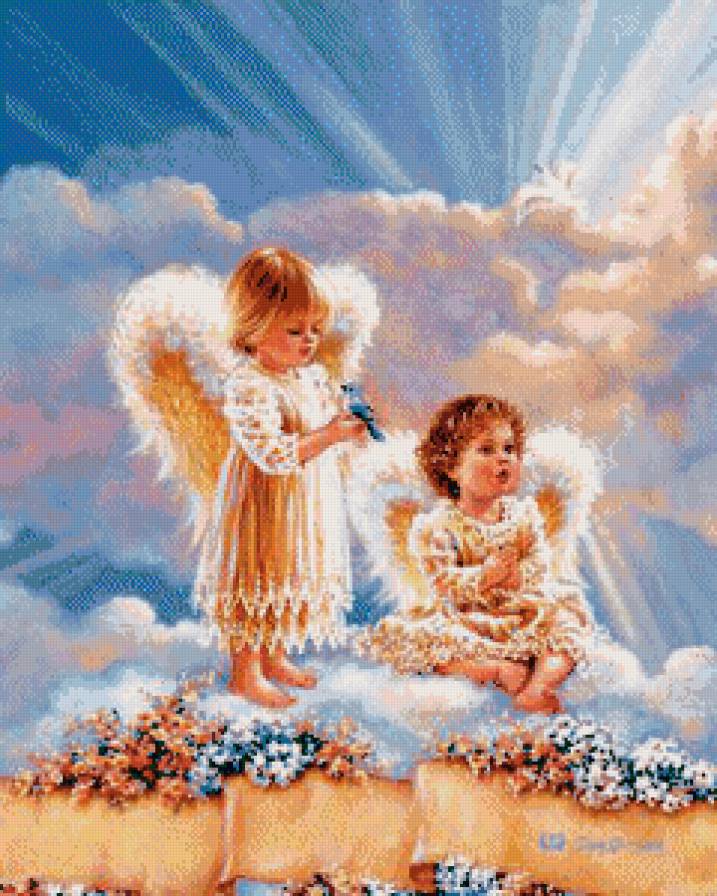 ангелочки на облаке - ангел, девочка, мальчик, дона гелсингер, религия облако, дети - предпросмотр