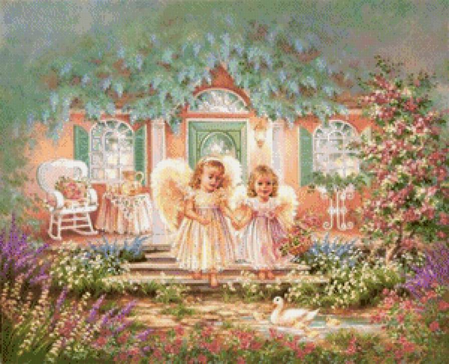 ангелочки - сад, домик, девочка, дона гелсингер, цветы, ангел, дети - предпросмотр