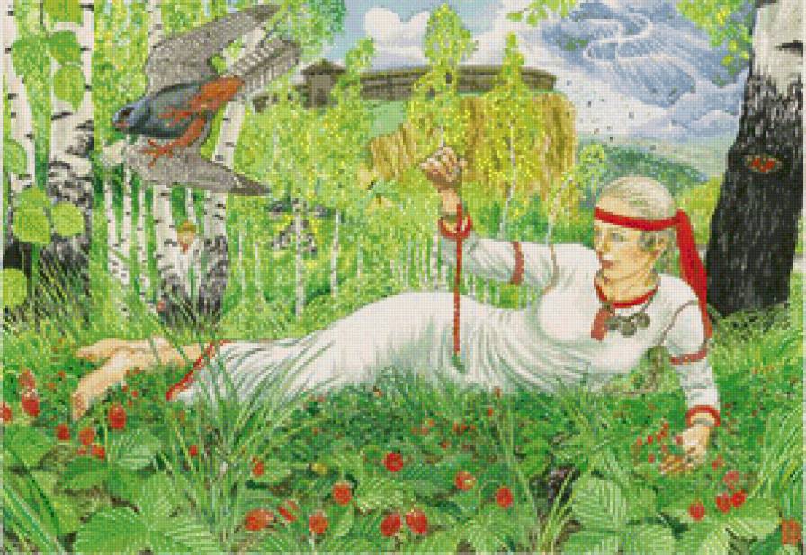 Берегиня - девушка, пейзаж, птицы, соколы, земляника - предпросмотр