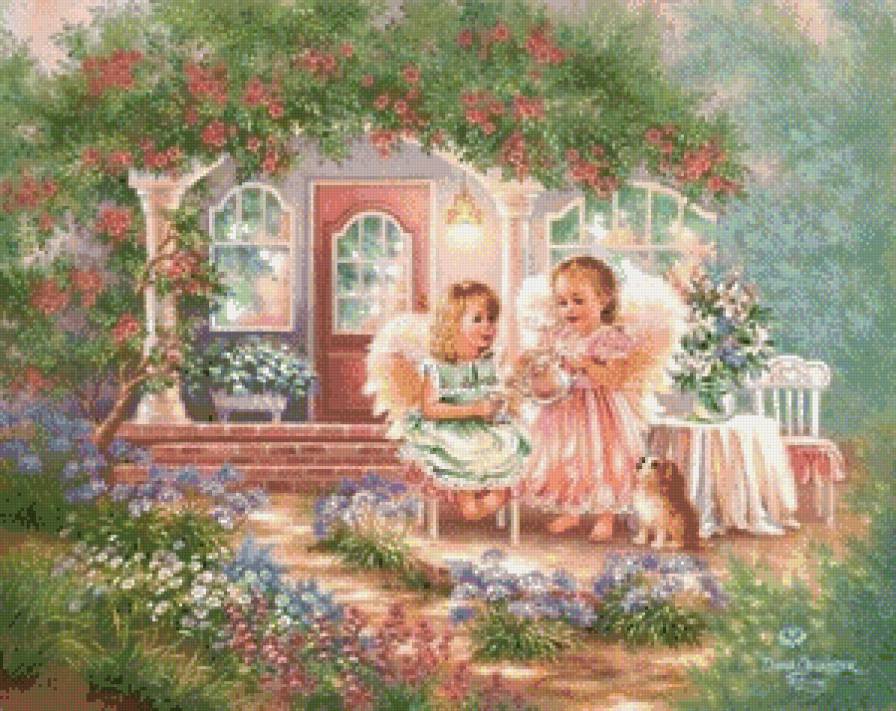 ангелочки на крылечке - сад, ангел, дети, цветы, домик, дона гелсингер, девочка - предпросмотр