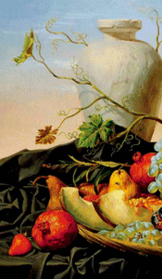 натюрморт  А. Антонова часть 1 - дыня, виноград, груша, кувшин, слива, живопись, картина, гранат, лимон - предпросмотр