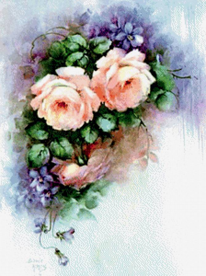 уголок - цветы, роза, букет, живопись, фиалка, розы - предпросмотр