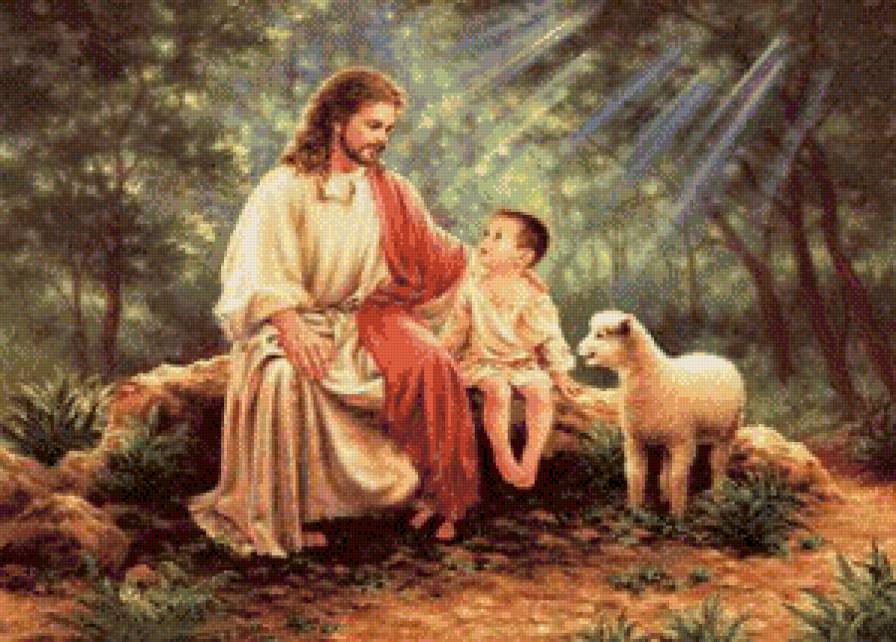 иисус и дитя - религия, дитя, мальчик, дона гелсингер, ягненок, иисус, лес - предпросмотр