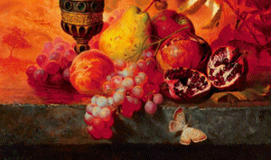 картина А.Антонова часть 2 - гранат, чаша, груша, натюрморт, бабочка, живопись, виноград, яблоко - предпросмотр