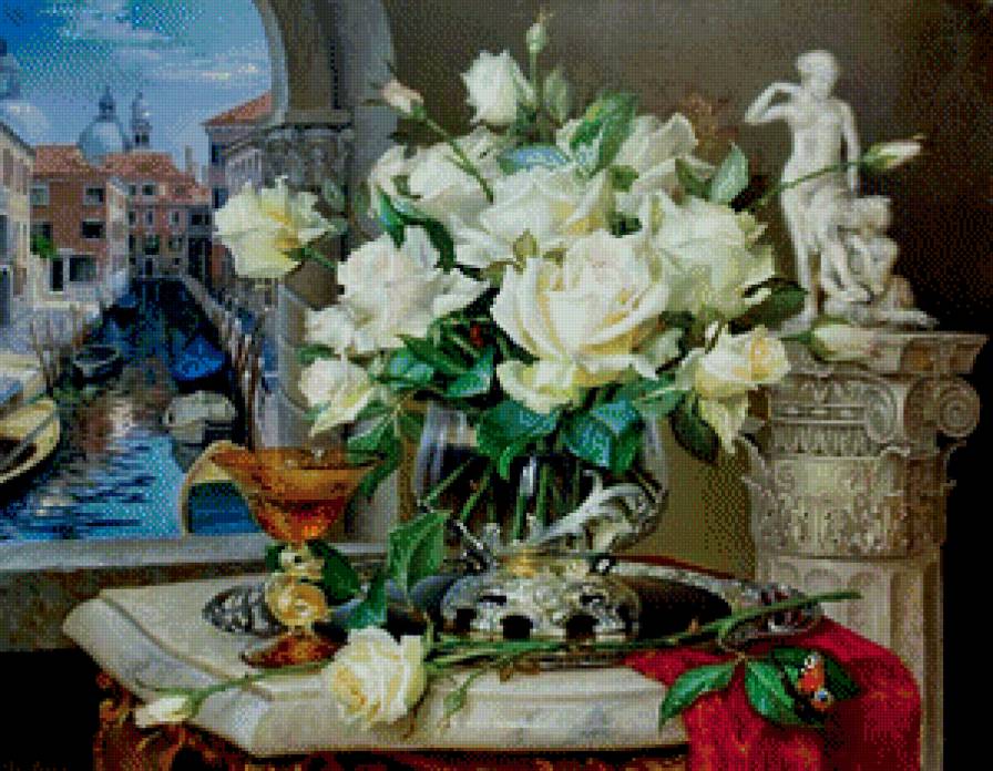 окно Венеции - лодка, город, роза, бока, картина, живопись, статуэтка, букет, река - предпросмотр