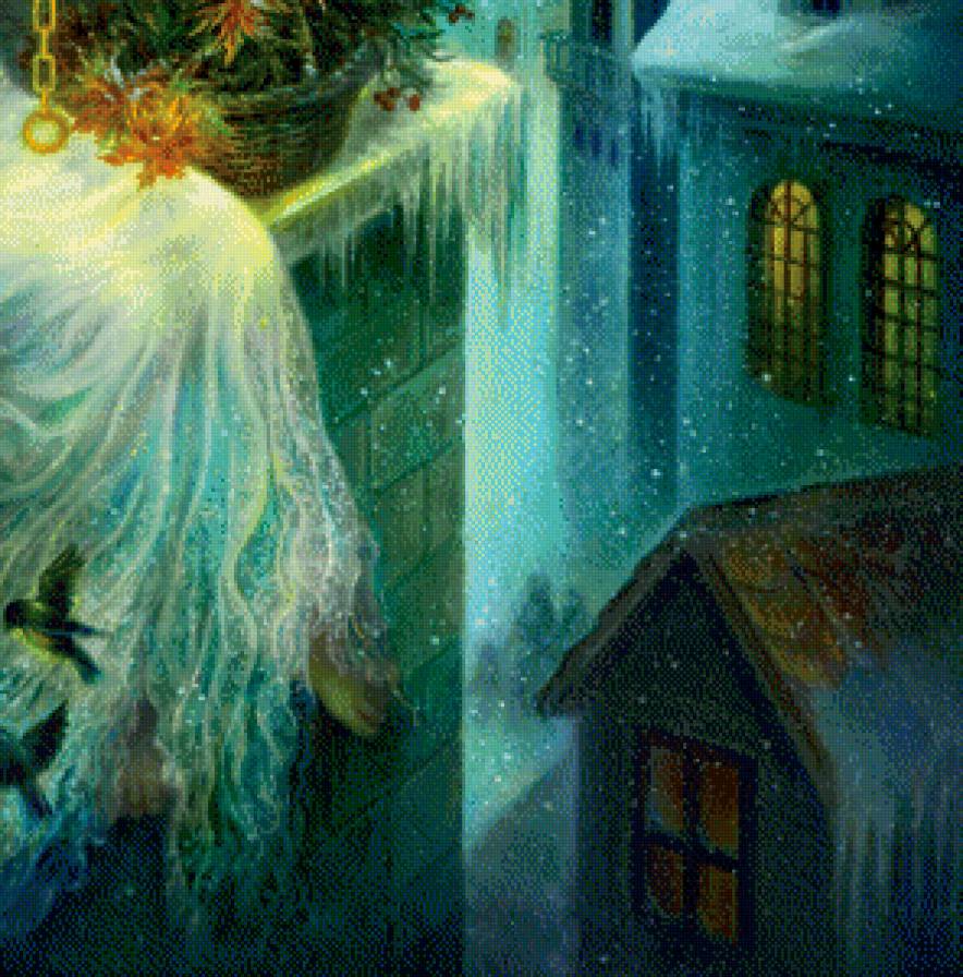 рождество часть 4 - город, ребенок, живопись, окно, фонарь, ангел, луна, подарок, кот - предпросмотр