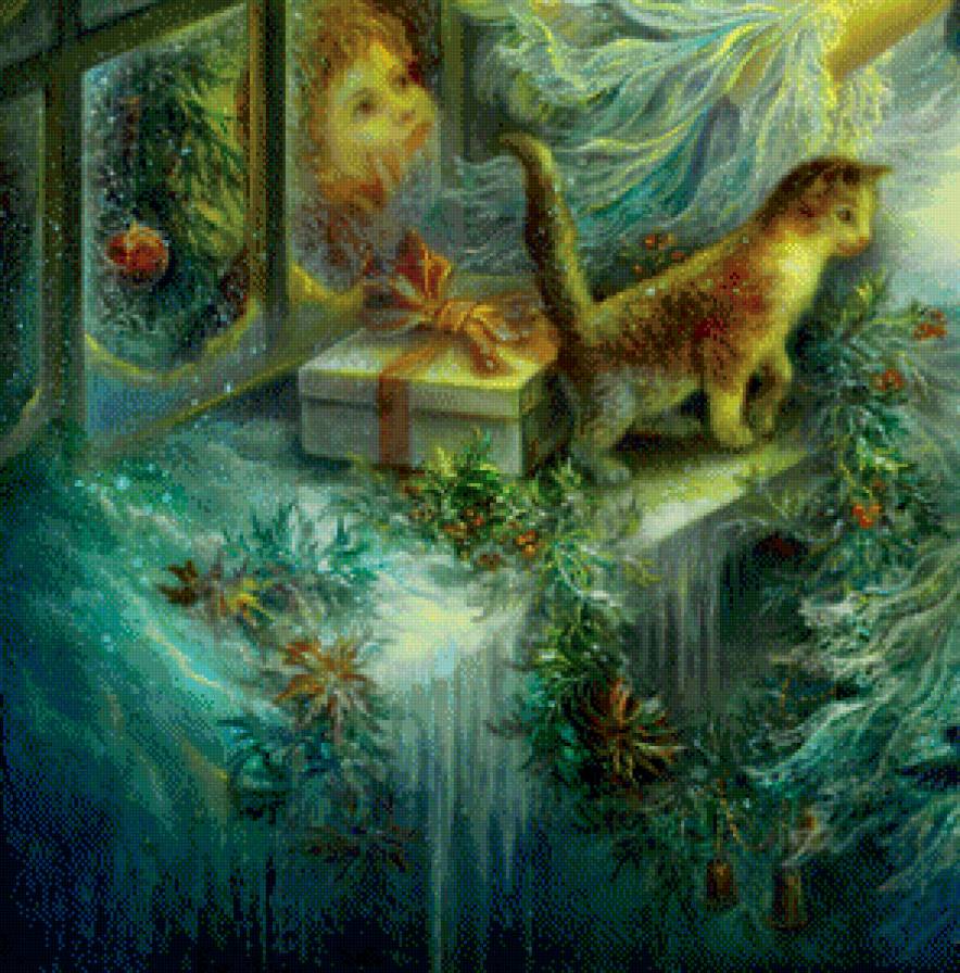 рождество часть 3 - кот, город, фонарь, луна, ребенок, ангел, окно, живопись, подарок - предпросмотр