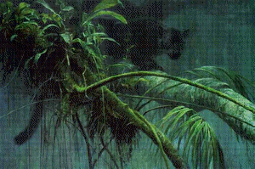 тени в джунглях - пантера, природа, дерево, хищник, живопись - предпросмотр