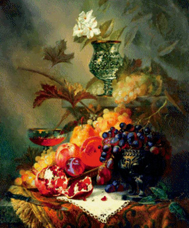 картина А.Антонова - персик, живопись, бокал, виноград, натюрморт, фрукты, цветы, гранат - предпросмотр