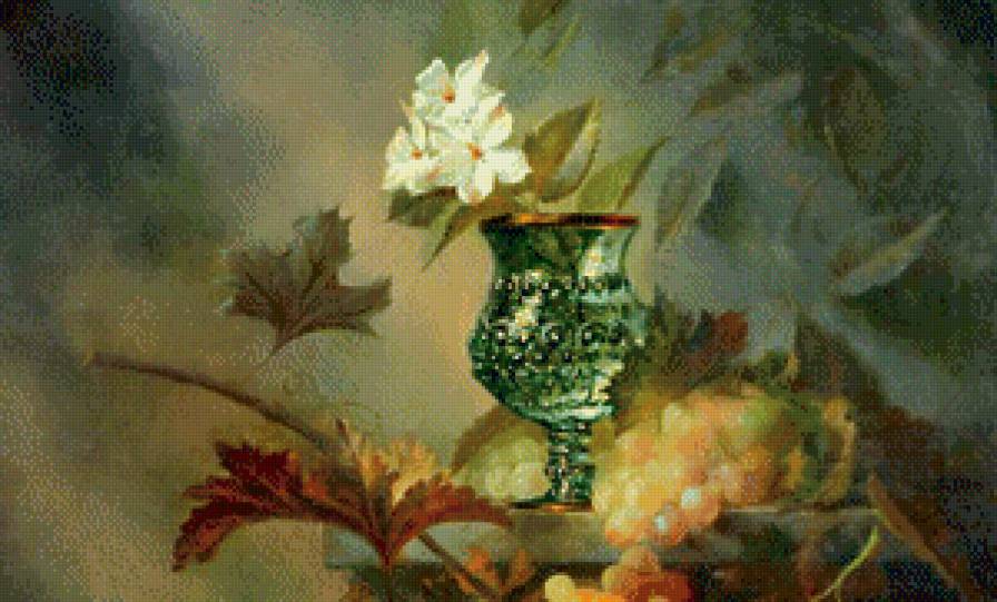 картина А.Антонова часть 1 - персик, бокал, фрукты, цветы, виноград, натюрморт, живопись, гранат - предпросмотр