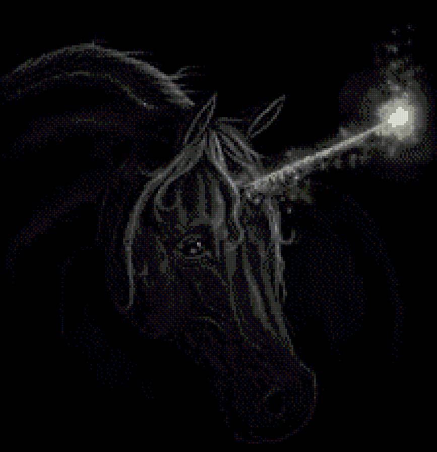 черный единорог - кони, лошадь, монохром, фэнтези - предпросмотр