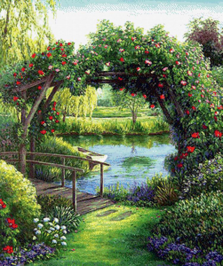 Красивый пейзаж - цветы, лодка, пейзаж, озеро - предпросмотр