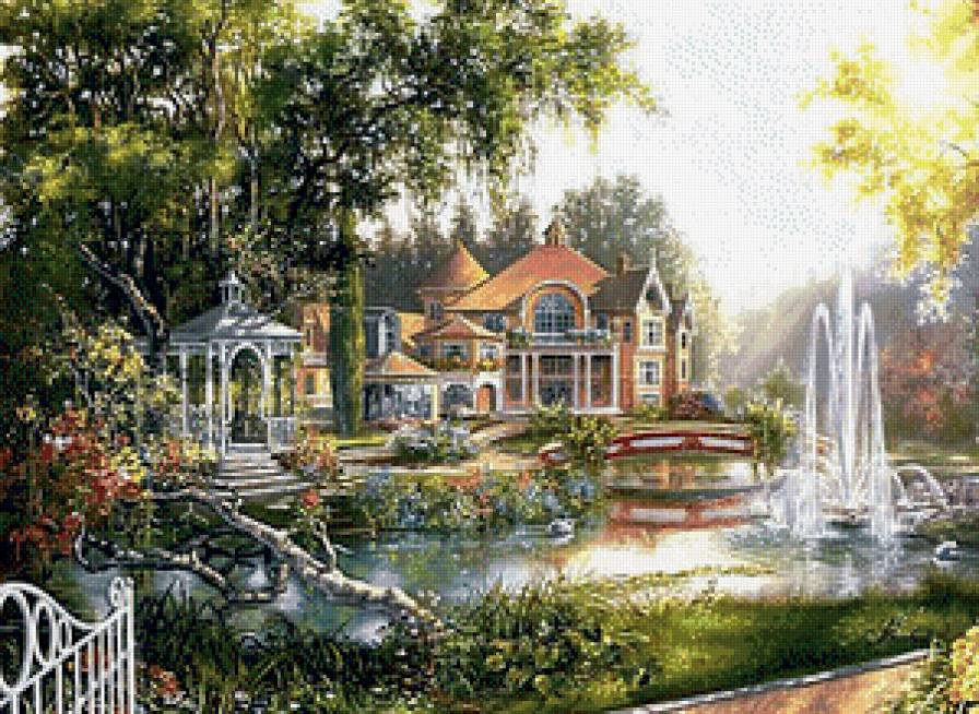 Летний пейзаж - фонтан, пейзаж, беседка, домики, лето, озеро, водопад - предпросмотр