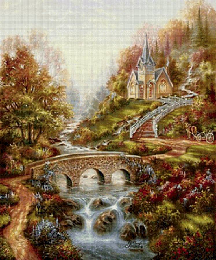 Красивый пейзаж - озеро, пейзаж, домики, беседка, мост, лето, водопад - предпросмотр