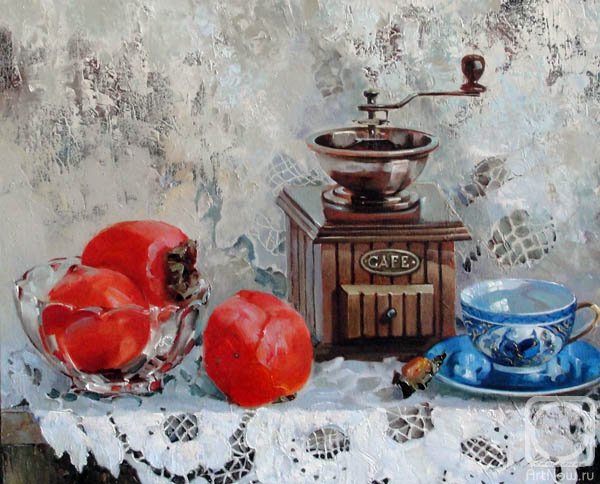 Натюрморт с кофемолкой. - кофемолка, натюрморт, хурма - оригинал