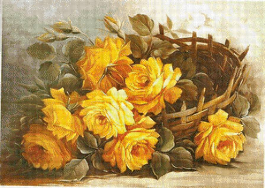 жёлтые розы - охапка, розы, королева цветов, цветы, корзинка, букет - предпросмотр