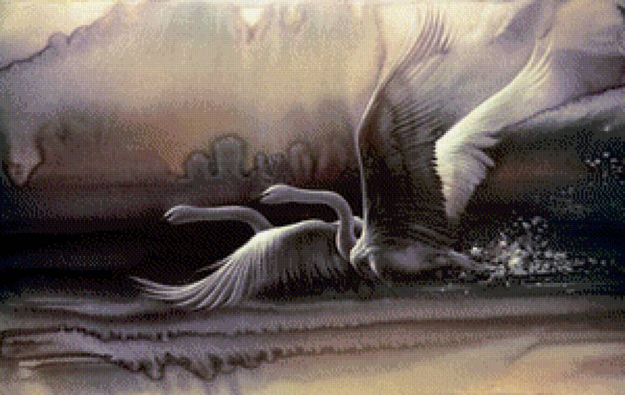 ли богл 17 лебеди - птицы, лебеди, ли богл, журавли, живопись, пара, картина - предпросмотр