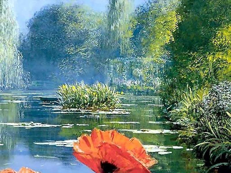 "Маки" ч.2 верх - маки, пейзаж, природа, озеро - оригинал