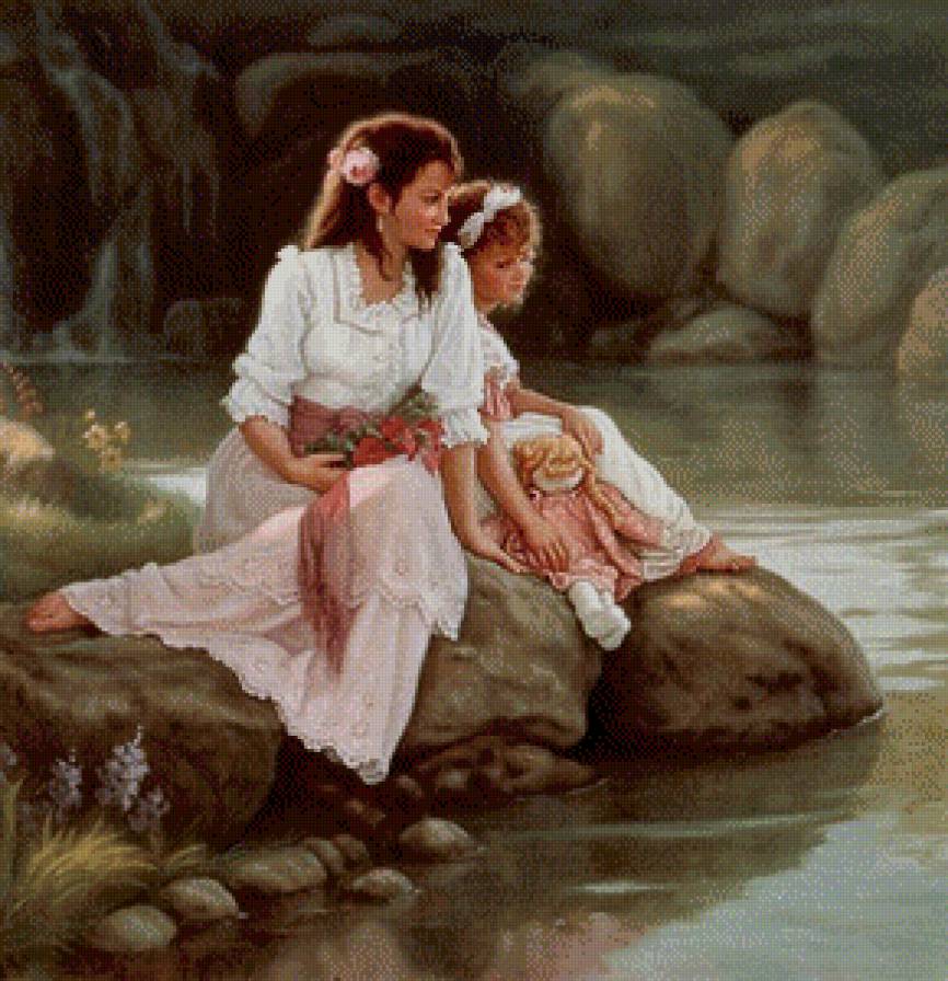 У воды - пейзаж, девушка, река, дети, девочка - предпросмотр