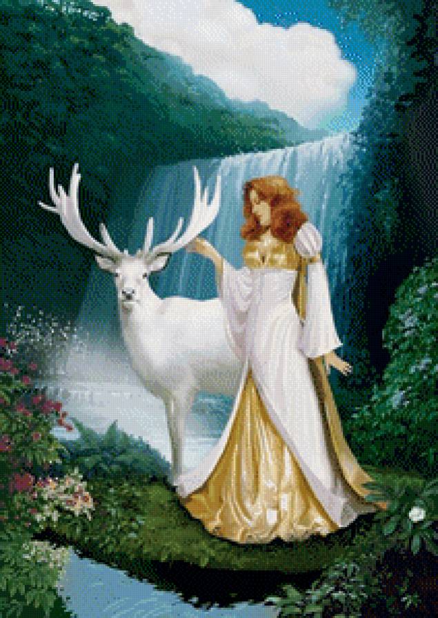 Ведунья - девушка, водопад, олень, пейзаж - предпросмотр