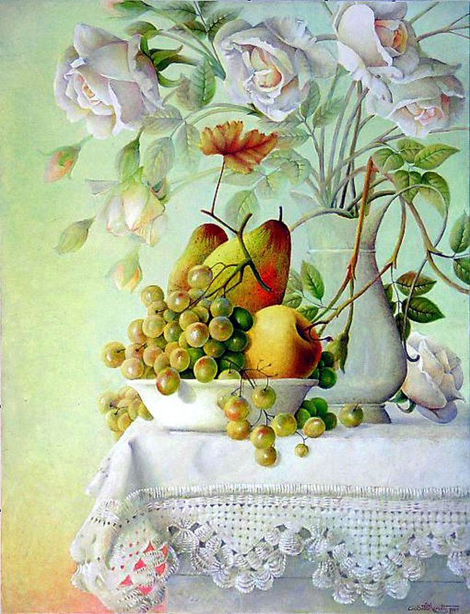 Натюрморт - натюрморт, цветы, фрукты - оригинал