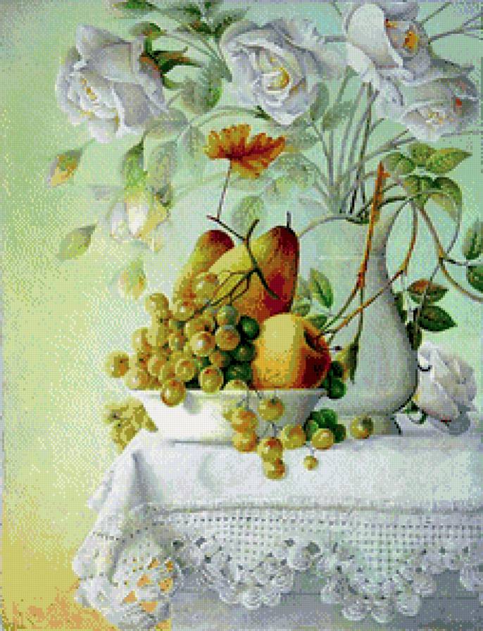 Натюрморт - фрукты, натюрморт, цветы - предпросмотр