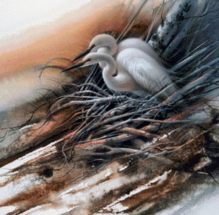 ли богл 32 цапли - пара, птицы, журавли, картина, ли богл, живопись - предпросмотр